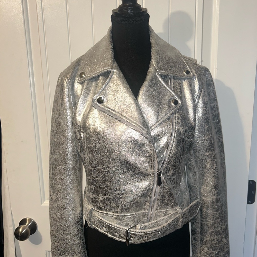 Zara Metallic Silver Biker Leather Jacket